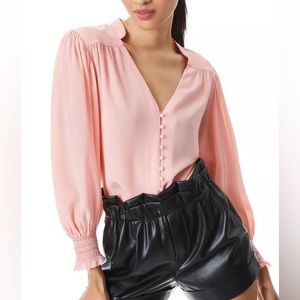 Alice + Olivia Serena Pink 100% Silk Mandarin-Collar Button-Front Blouse Top XS